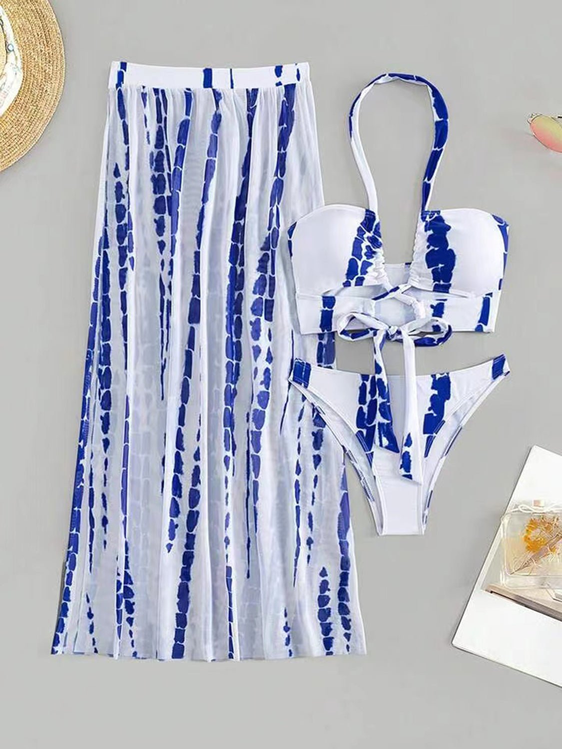 Printed Halter Neck Three - Piece Swim Set - GlamBee Fashion