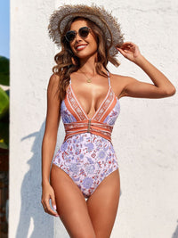 Thumbnail for Printed Plunge One - Piece Swimwear and Cover - Up Set - GlamBee Fashion