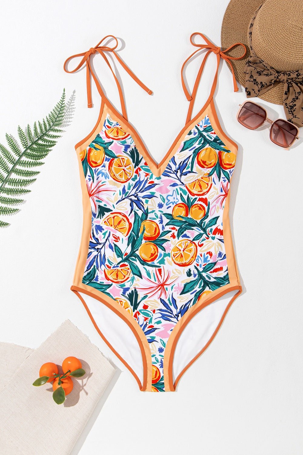 Printed V - Neck Tie Shoulder One - Piece Swimwear - GlamBee Fashion