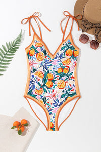 Thumbnail for Printed V - Neck Tie Shoulder One - Piece Swimwear - GlamBee Fashion