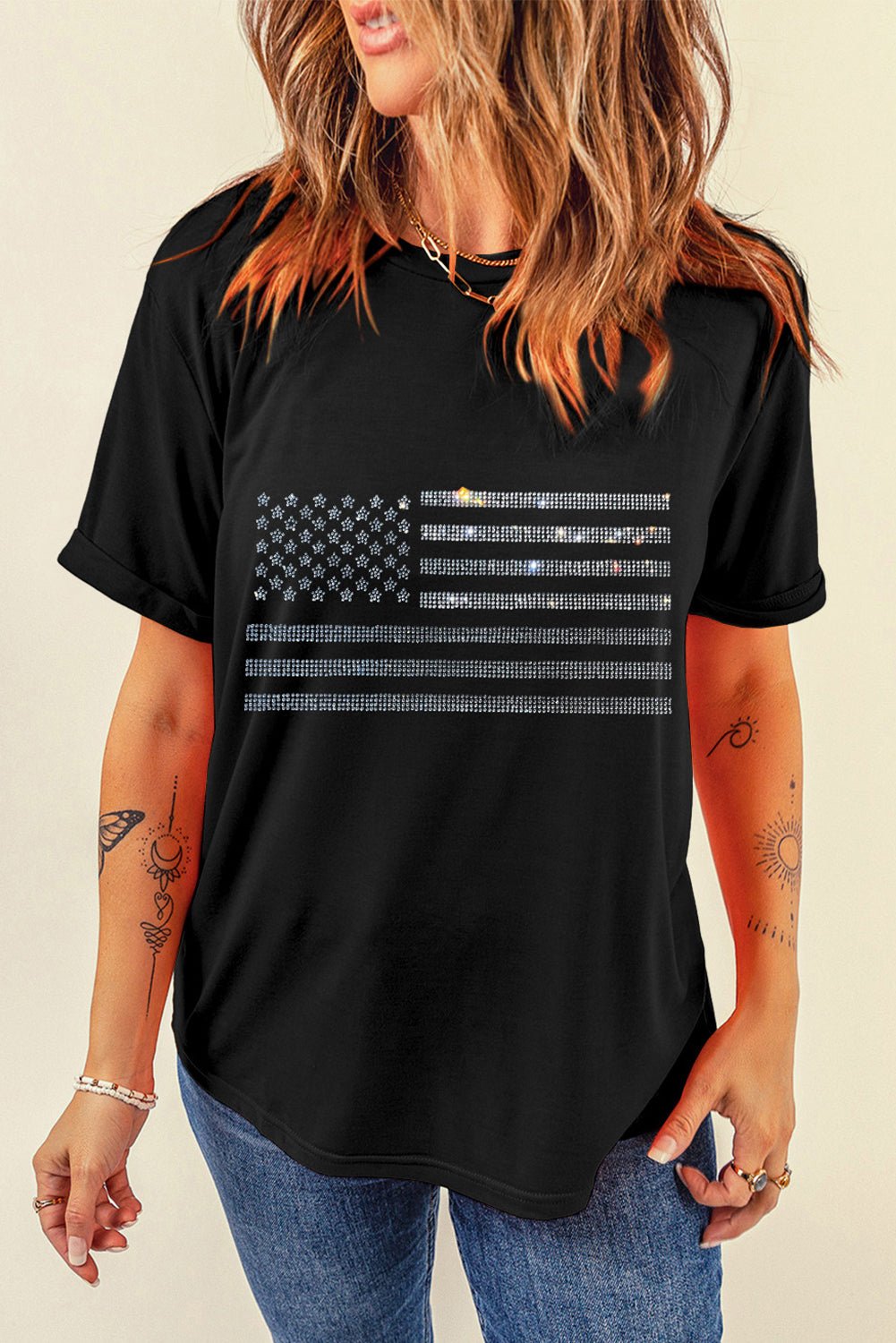 Rhinestone US Flag Round Neck Short Sleeve T - Shirt - GlamBee Fashion