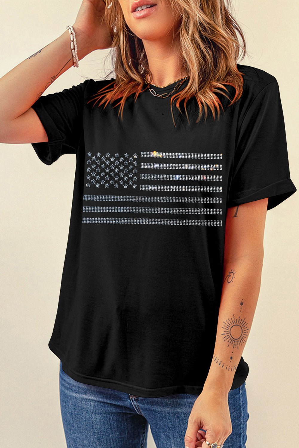 Rhinestone US Flag Round Neck Short Sleeve T - Shirt - GlamBee Fashion