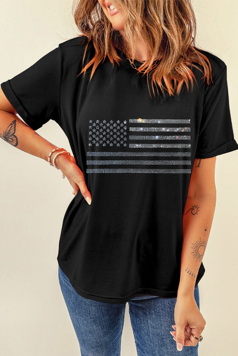 Rhinestone US Flag Round Neck Short Sleeve T - Shirt - GlamBee Fashion