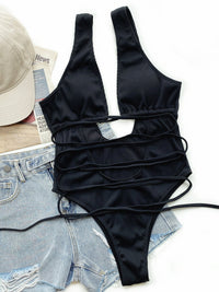 Thumbnail for Ribbed Lace Up One - Piece Swimsuit - GlamBee Fashion