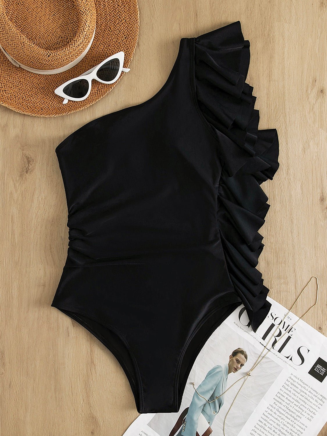 Ruffled Single Shoulder One - Piece Swimwear - GlamBee Fashion