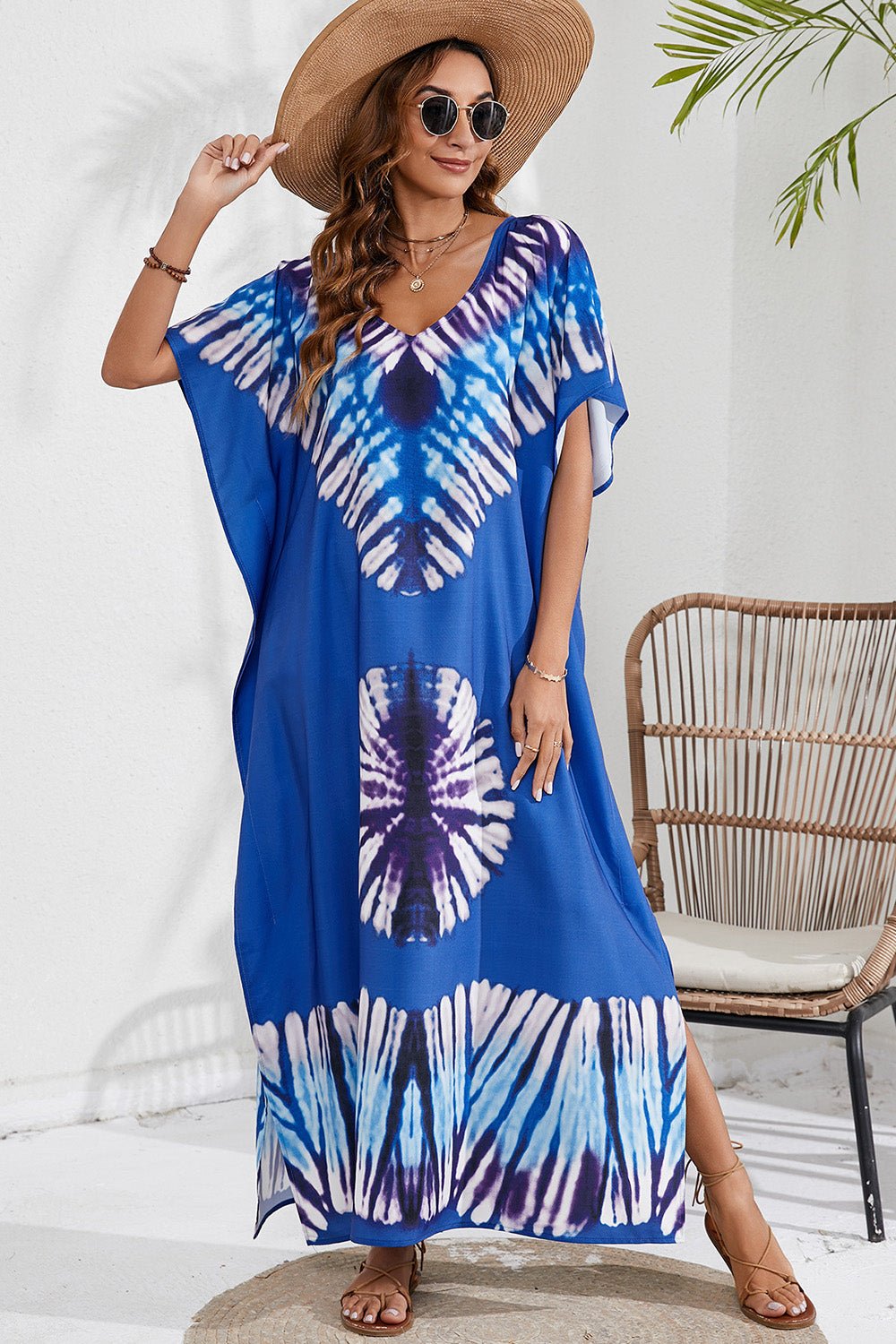 Slit Printed V - Neck Short Sleeve Cover Up - GlamBee Fashion