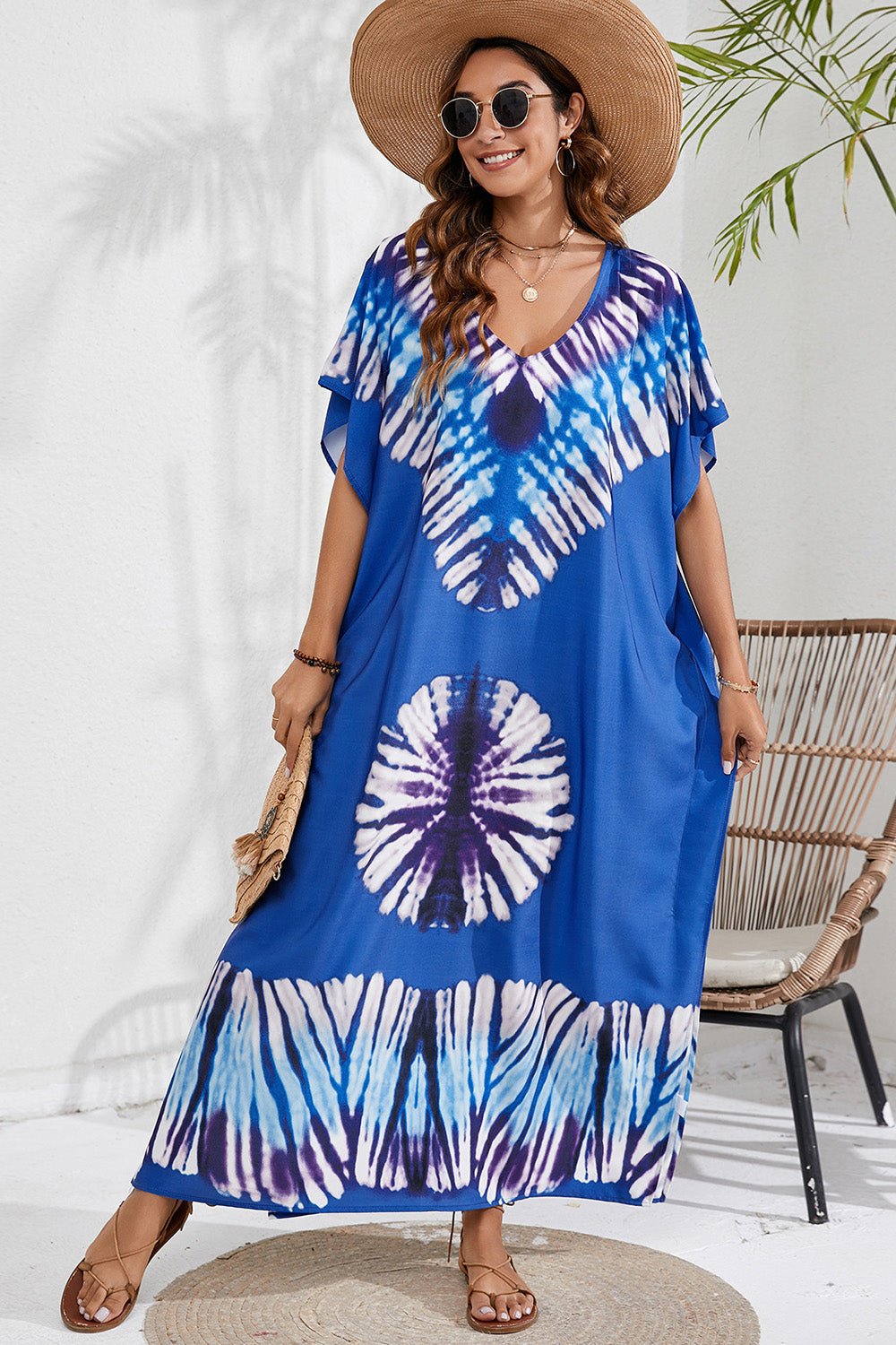 Slit Printed V - Neck Short Sleeve Cover Up - GlamBee Fashion