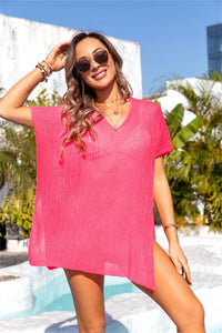 Thumbnail for Slit V - Neck Short Sleeve Cover Up - GlamBee Fashion