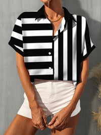 Thumbnail for Striped Button Up Short Sleeve Shirt - GlamBee Fashion