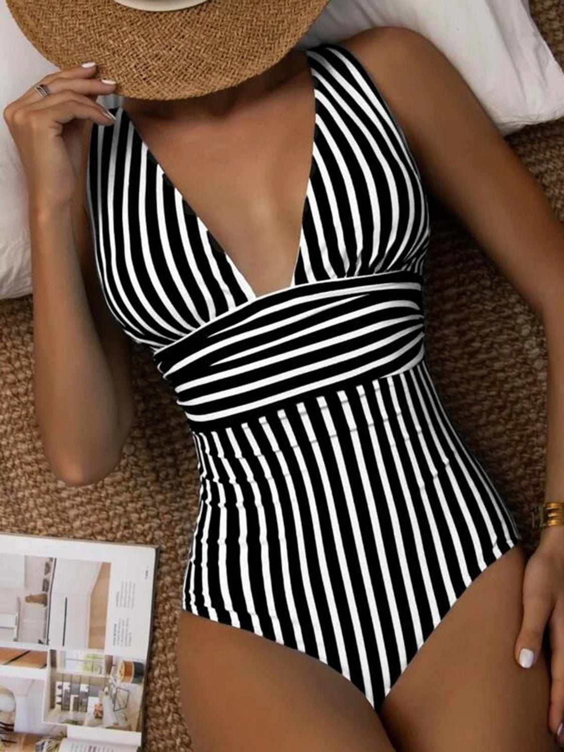 Striped Plunge Sleeveless One - Piece Swimwear - GlamBee Fashion