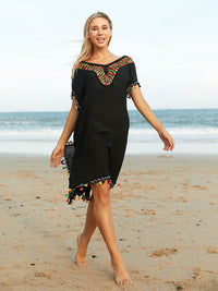 Thumbnail for Tassel V - Neck Short Sleeve Cover Up - GlamBee Fashion