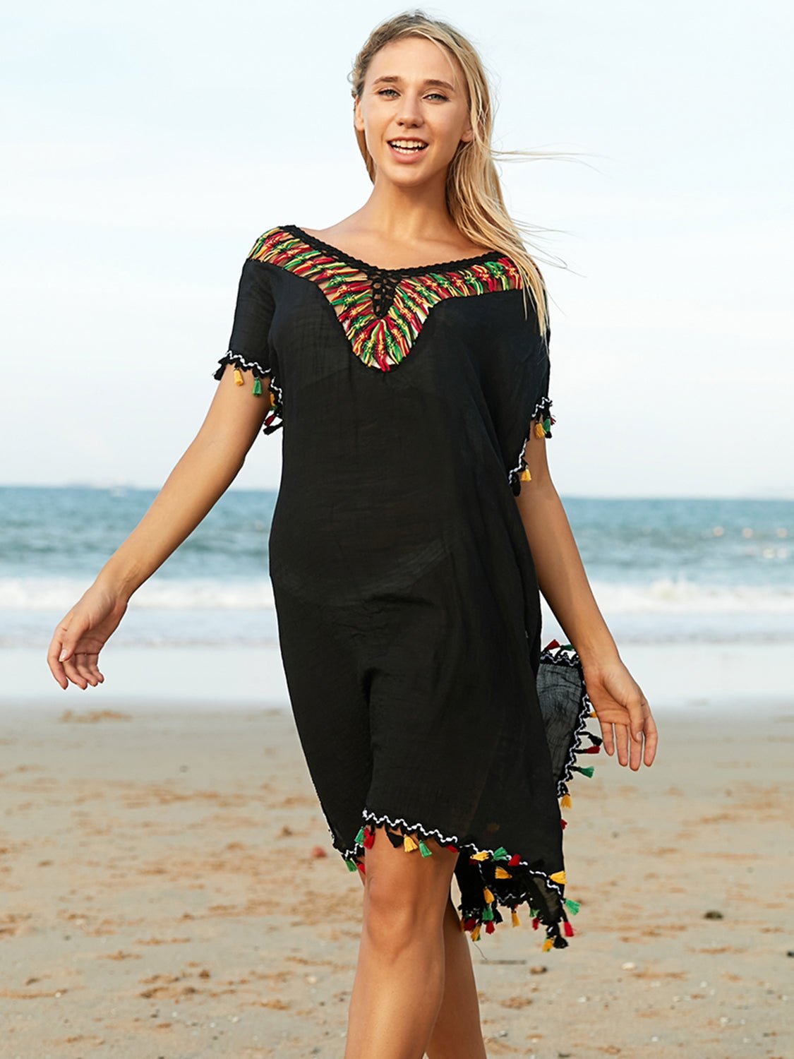 Tassel V - Neck Short Sleeve Cover Up - GlamBee Fashion