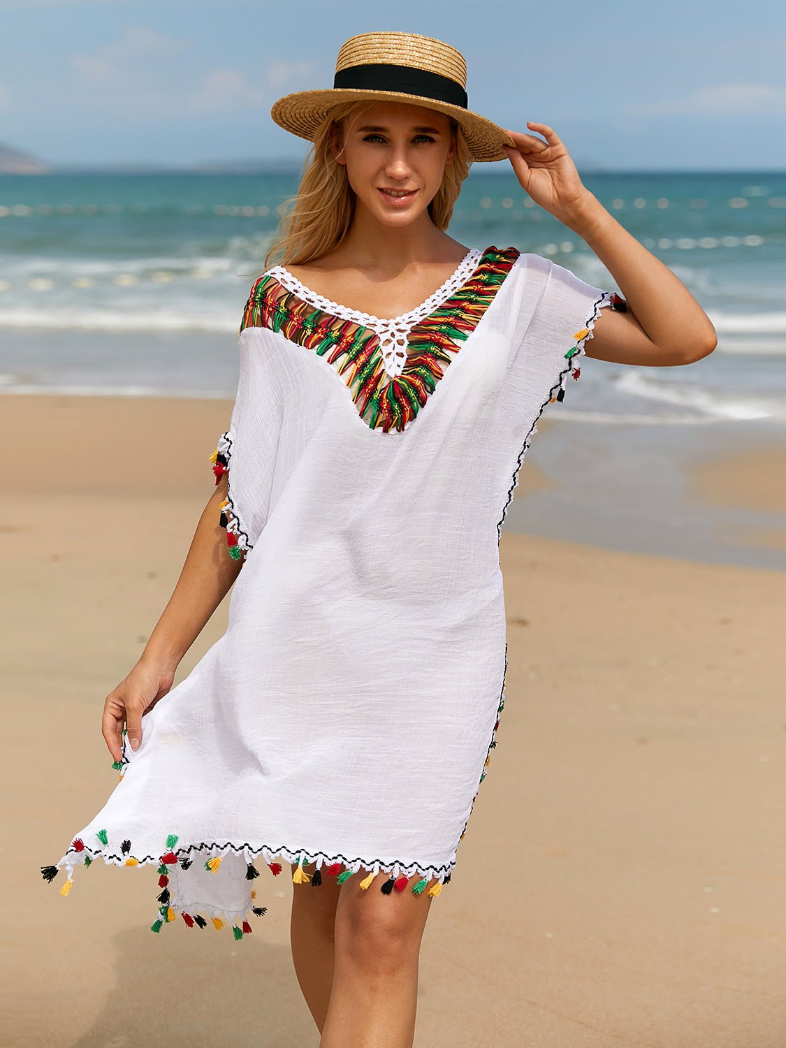 Tassel V - Neck Short Sleeve Cover Up - GlamBee Fashion