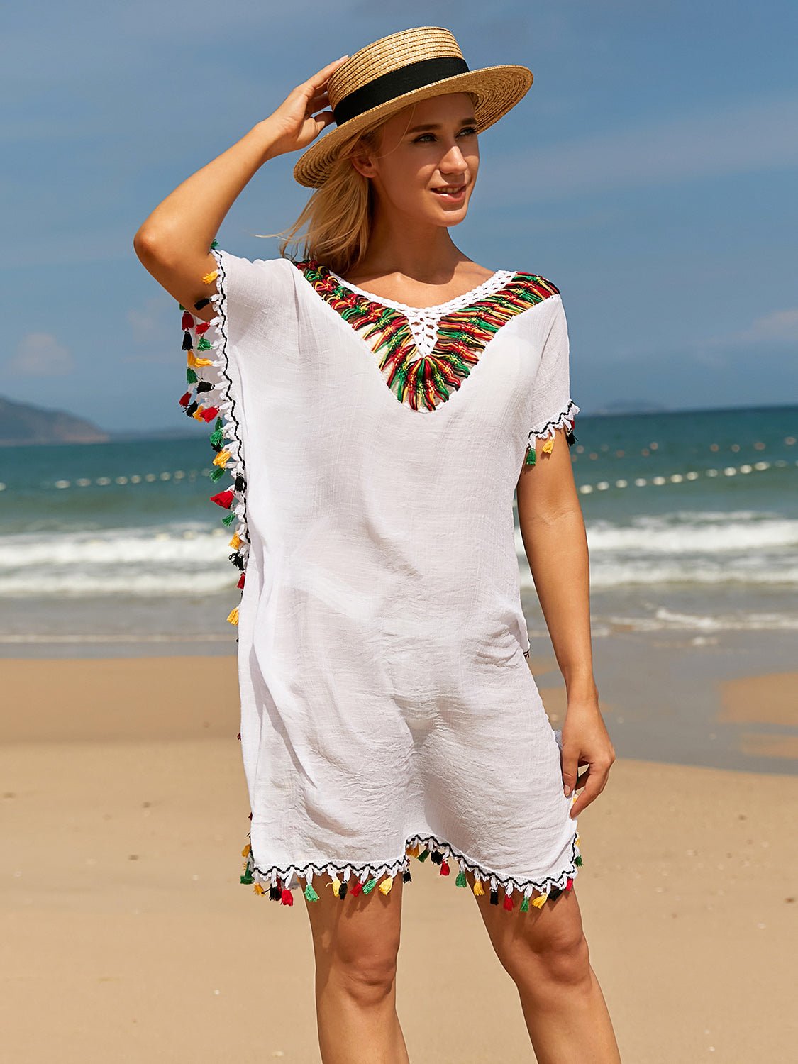 Tassel V - Neck Short Sleeve Cover Up - GlamBee Fashion