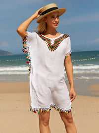 Thumbnail for Tassel V - Neck Short Sleeve Cover Up - GlamBee Fashion