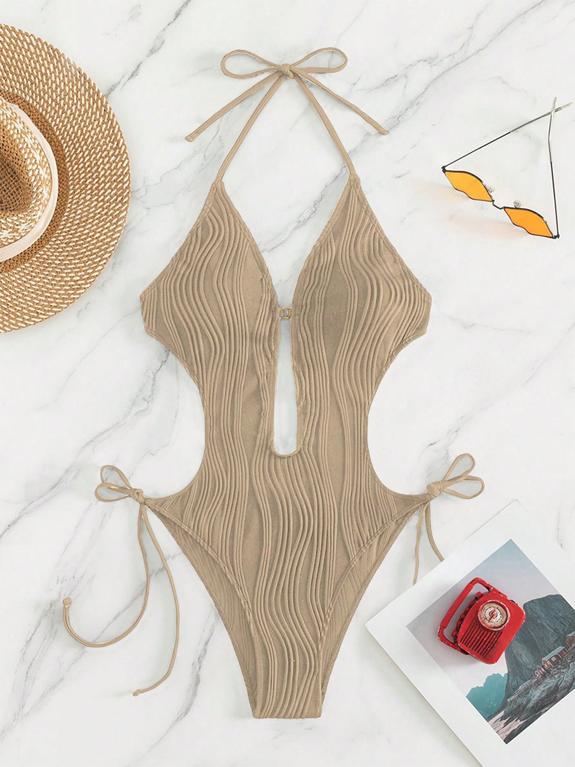 Textured Cutout Tied One - Piece Swimwear - GlamBee Fashion