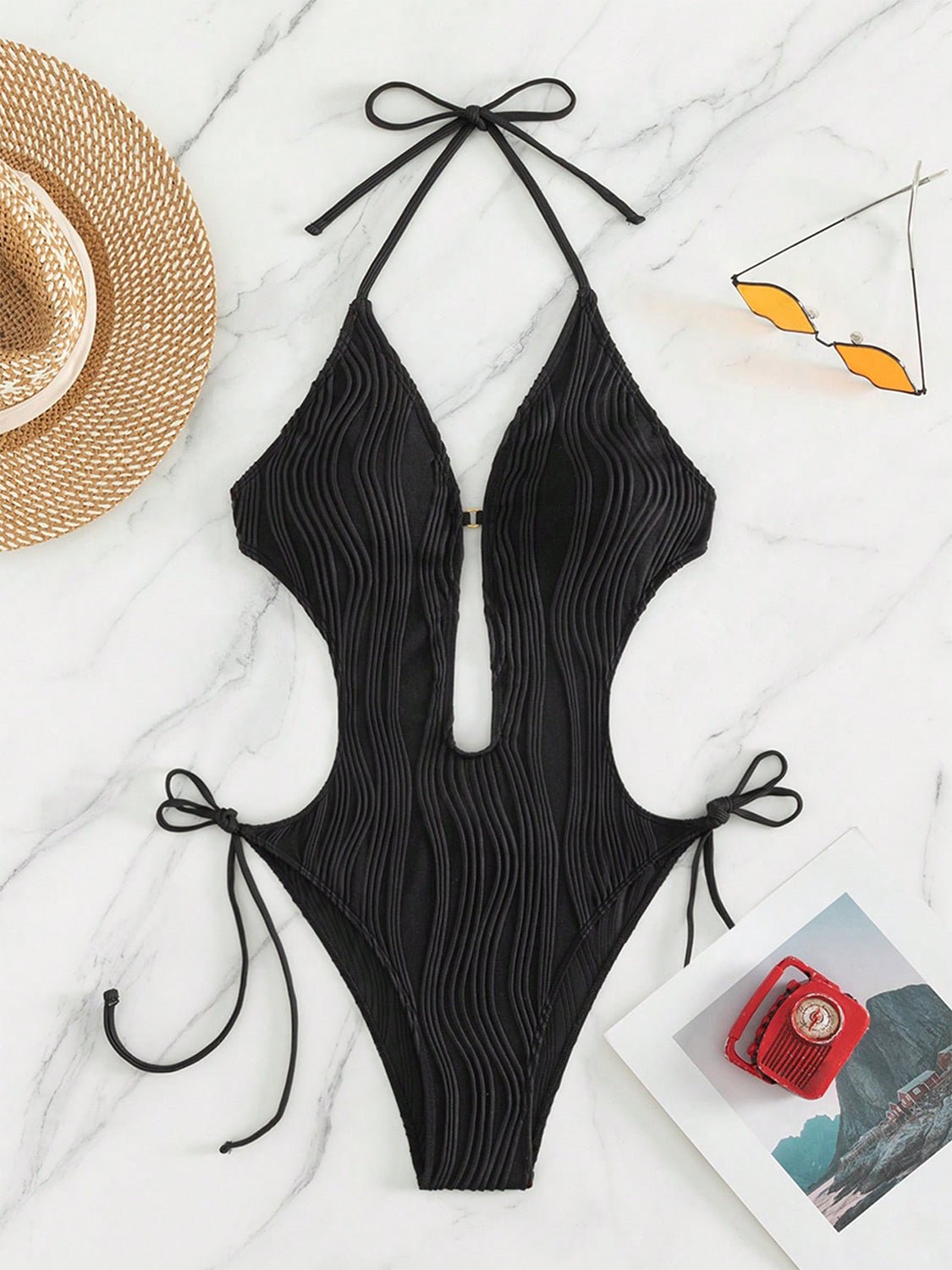 Textured Cutout Tied One - Piece Swimwear - GlamBee Fashion