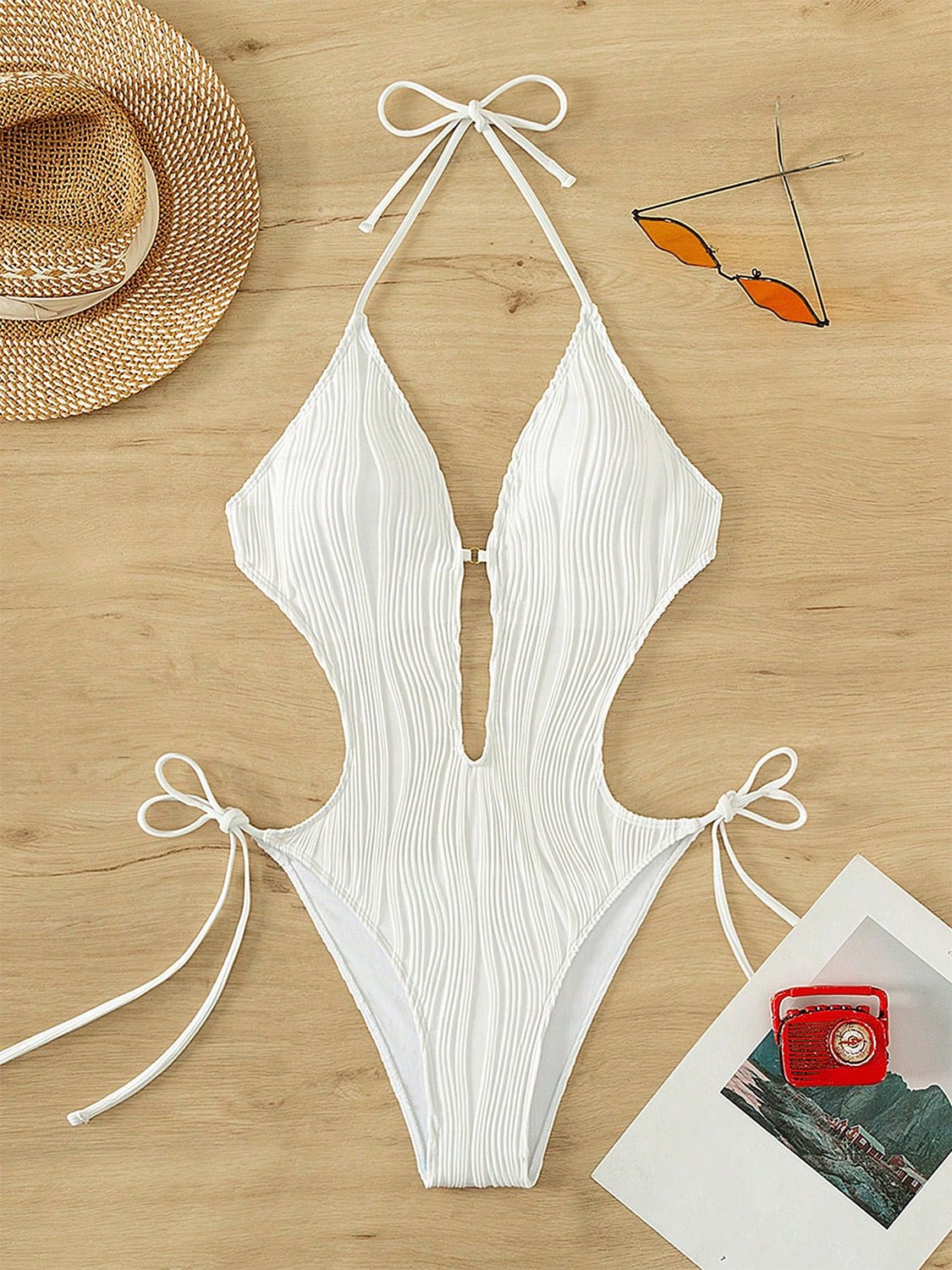 Textured Cutout Tied One - Piece Swimwear - GlamBee Fashion