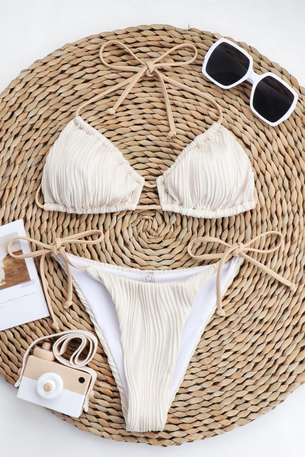 Textured Halter Neck Tied Bikini Set - GlamBee Fashion