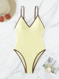 Thumbnail for Textured V - Neck Spaghetti Strap One - Piece Swimwear - GlamBee Fashion