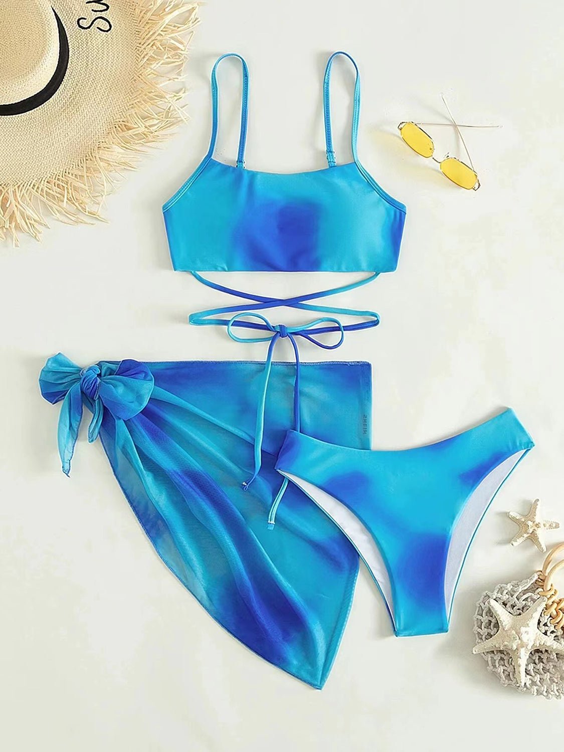 Tied Gradient Spaghetti Strap Three - Piece Swim Set - GlamBee Fashion