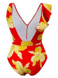 Thumbnail for Tied Printed V - Neck Sleeveless One - Piece Swimwear - GlamBee Fashion