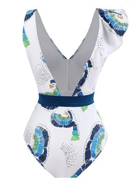 Thumbnail for Tied Printed V - Neck Sleeveless One - Piece Swimwear - GlamBee Fashion