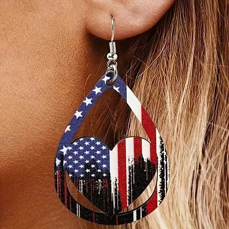 US Flag Pattern Wooden Earrings - GlamBee Fashion