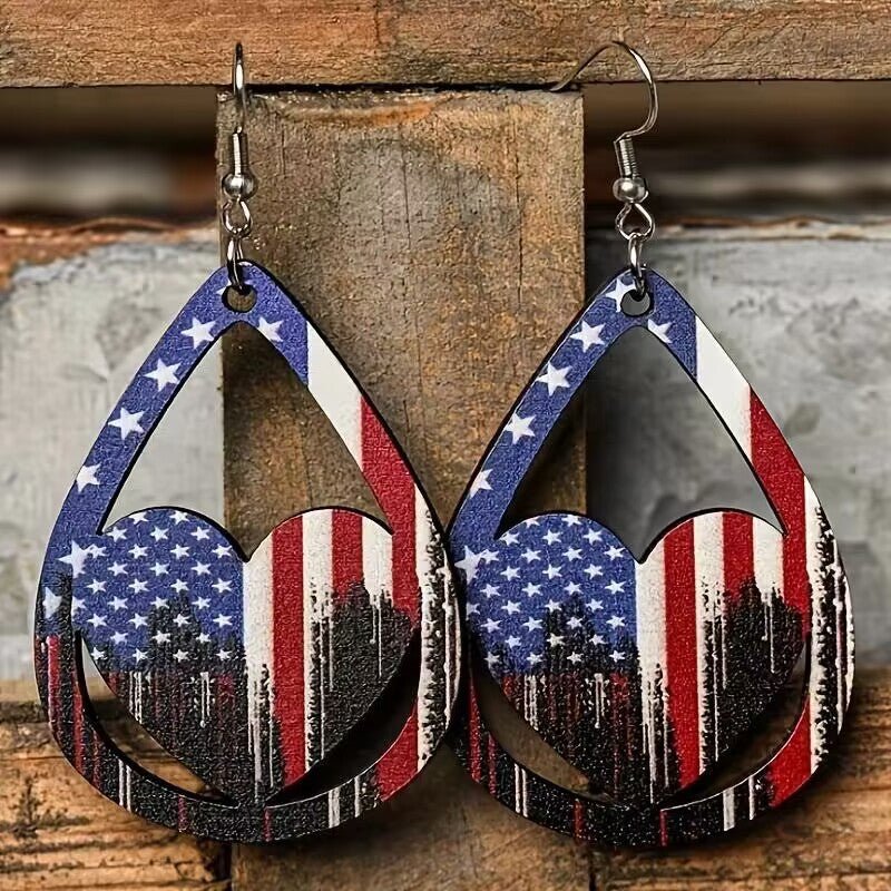 US Flag Pattern Wooden Earrings - GlamBee Fashion