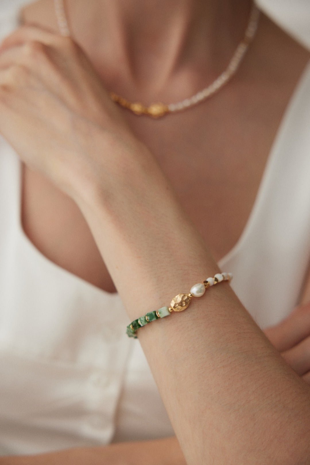 Whispering Jade Green Jade and Pearl Beaded Bracelet - GlamBee Fashion