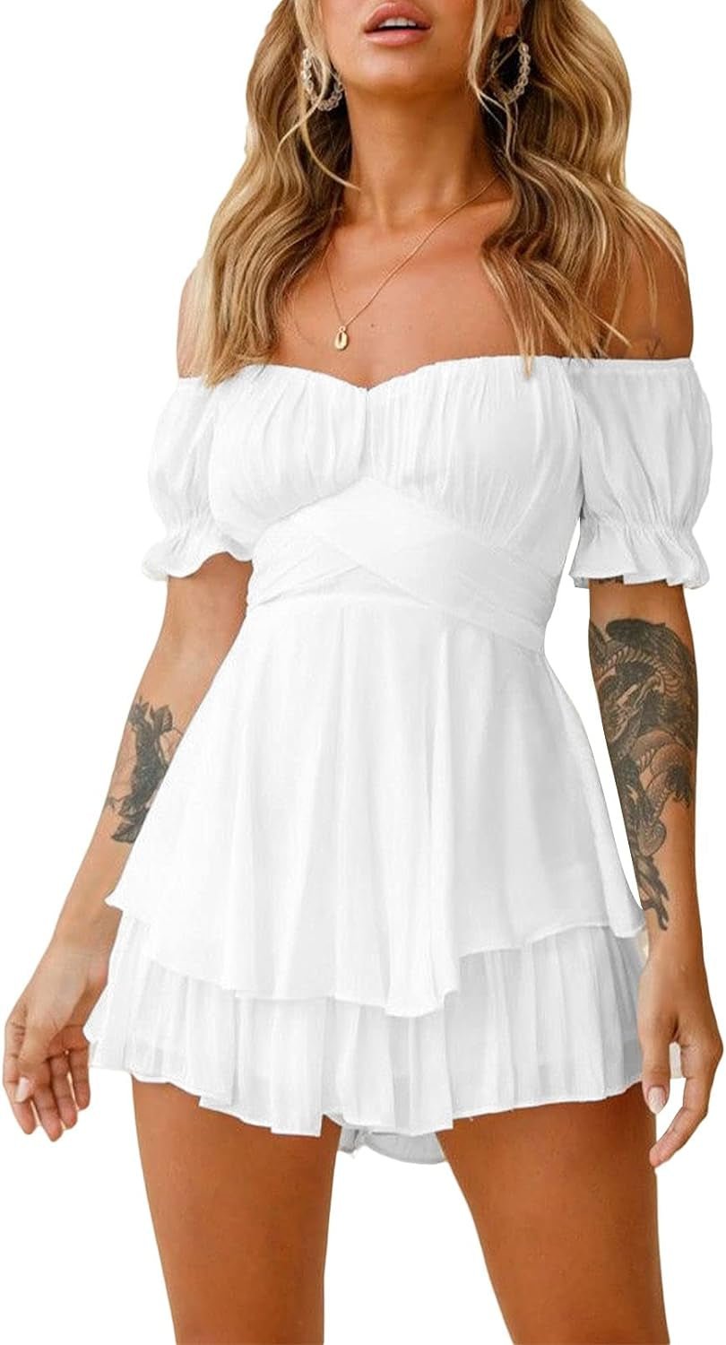 Women Boho Romper off Shoulder Ruffle Chiffon Shorts Jumpsuit Playsuit - GlamBee Fashion