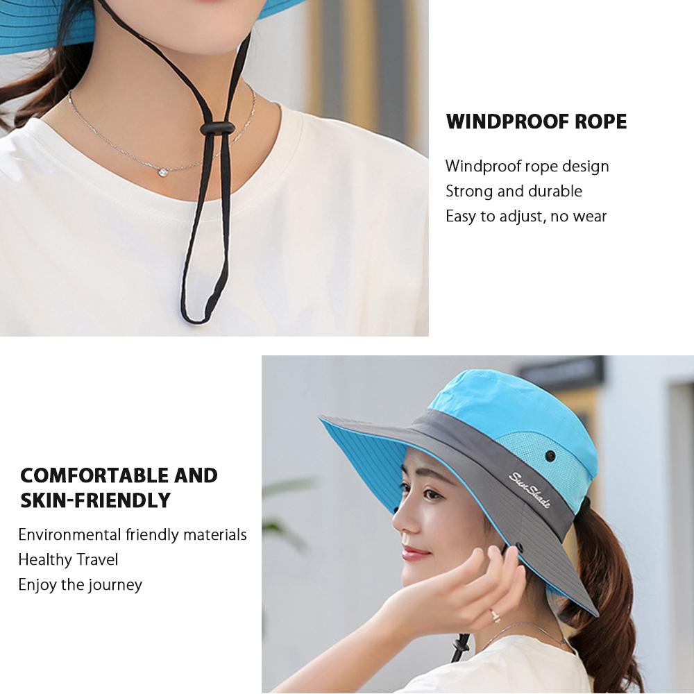 Womens UV Protection Wide Brim Sun Hats Cooling Mesh Ponytail Hole Cap - GlamBee Fashion