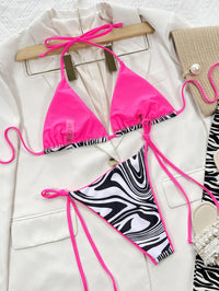 Thumbnail for Zebra Print Halter Neck Tie Side Bikini Set - GlamBee Fashion